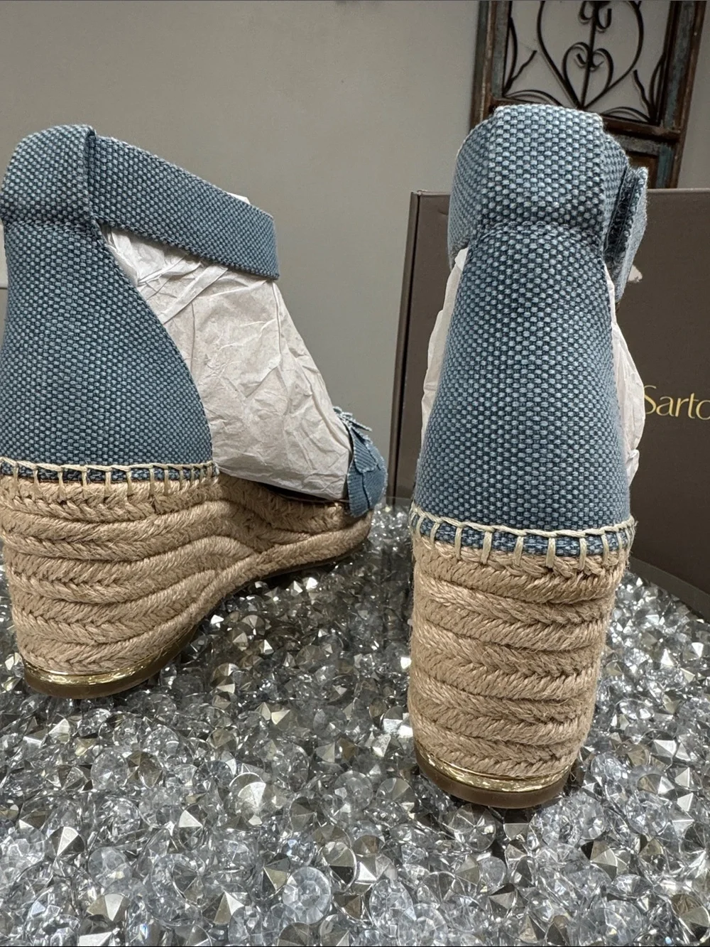 Franco Sarto clemens denim Blue Espadrille Wedge Sandals with Floral Toe NEW 9